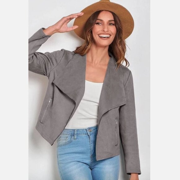 Pretty Garden Gray Faux Suede Open Front Jacket M - Picture 4 of 10